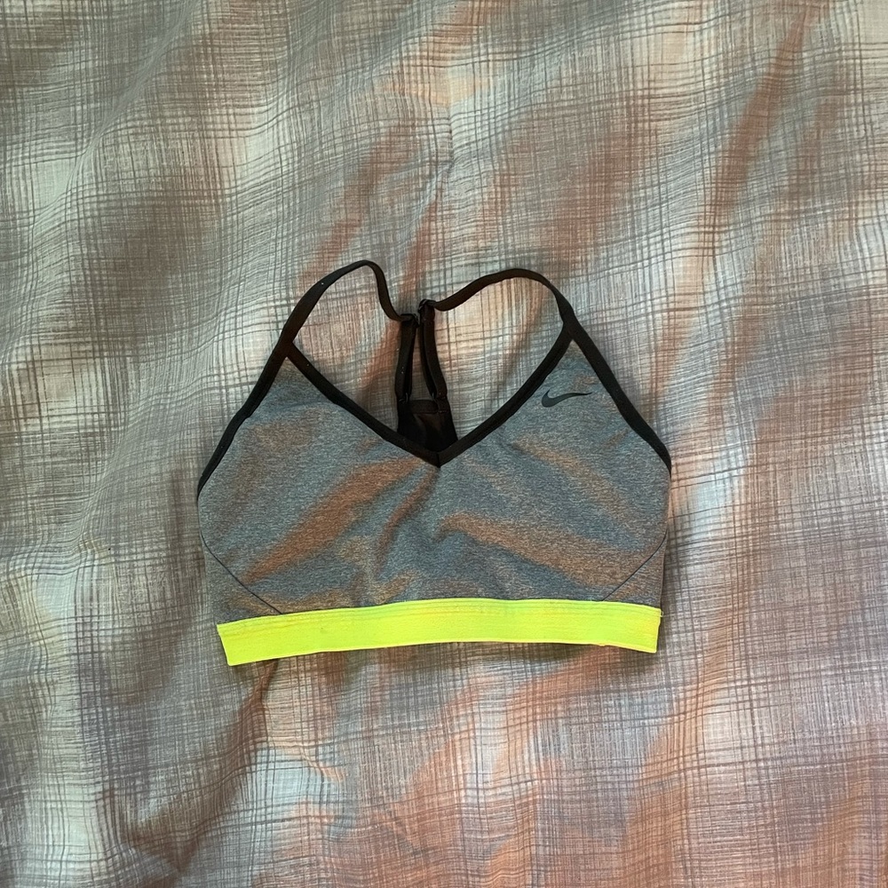 grey nike sports bra with neon yellow band